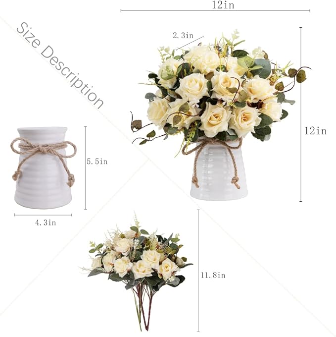 LESING Artificial Rose with Vase, Fake Silk Flowers Bouquets in Vase Table - Image 4