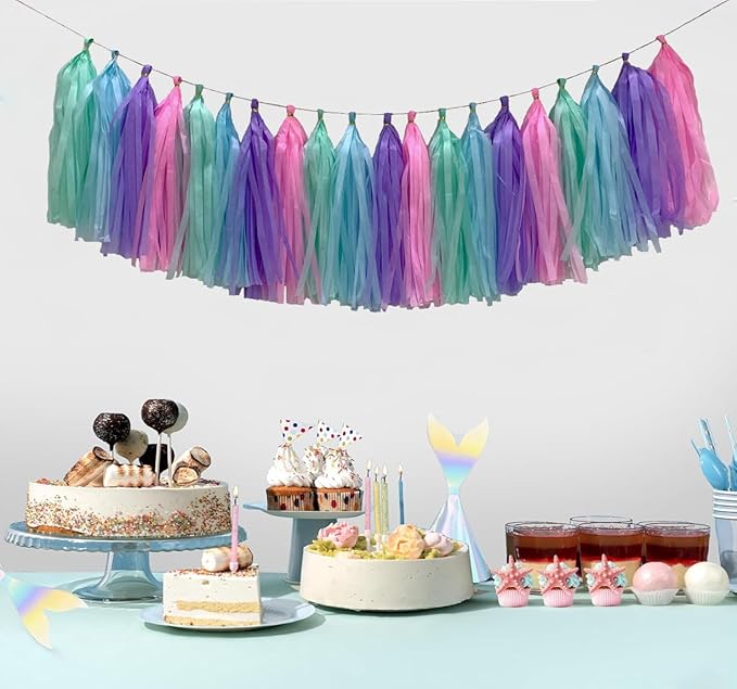 Blue Purple Mint Green Pink Tissue Paper Tassel Garland, Tissue Tassel Banner - Image 3