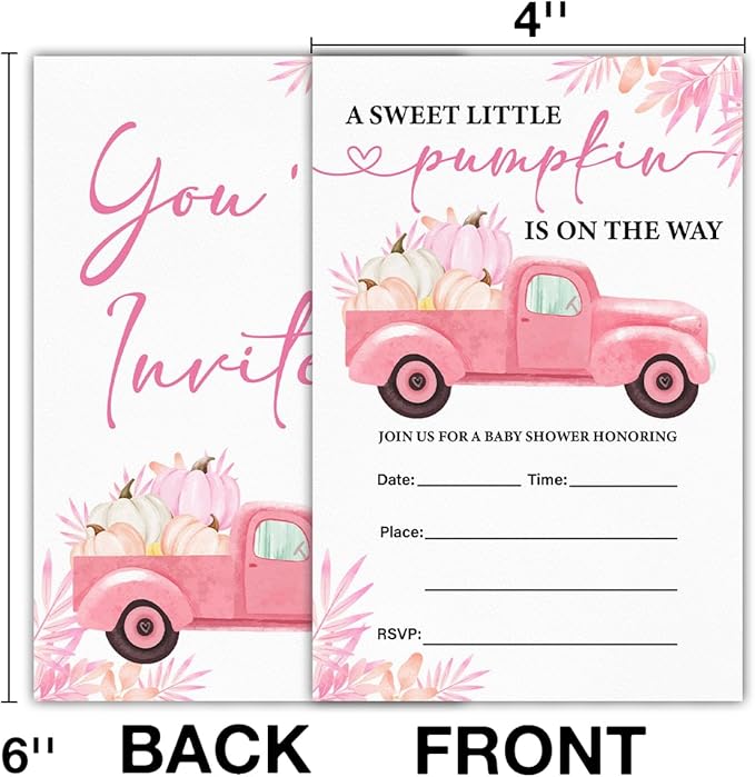 Pumpkin Baby Shower Party Invitations, Fall Pink Pumpkins Truck Baby Shower - Image 2