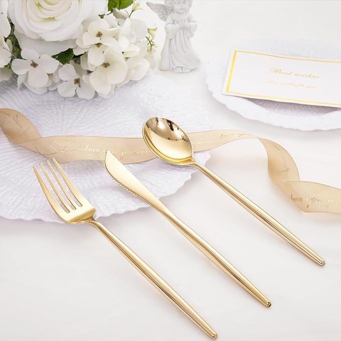 SUT 150PCS Gold Plastic Silverware, Plastic Utensils, Disposable Utensils Heavy - Image 2