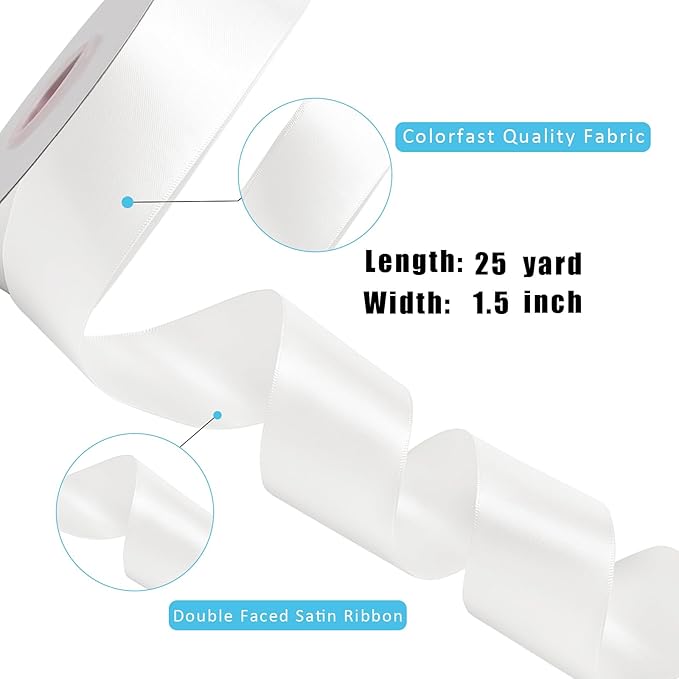 LaRibbons White Ribbon 1 1/2 Inch 25 Yards Double Faced White Silk Ribbon - Image 6