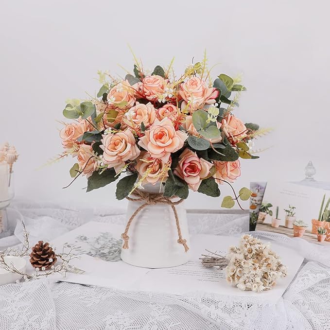 LESING Artificial Rose with Vase, Fake Silk Flowers Bouquets in Vase Table - Image 6