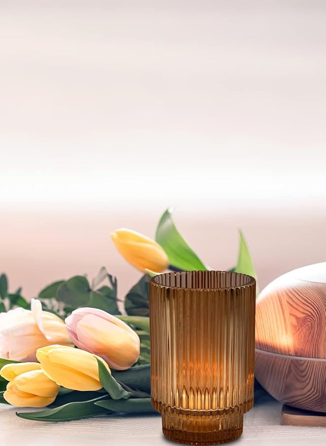 Serene Spaces Living Amber Ribbed Glass Votive Holder, Decorative Centerpiece - Image 3