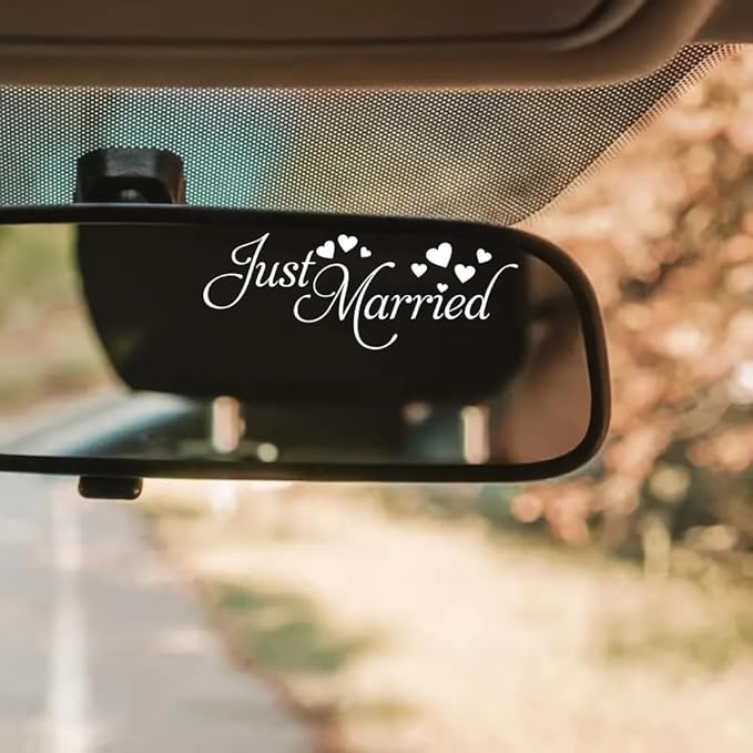 3pcs Just Married Vinyl Decal – Romantic Car Mirror Sticker in Artistic Font – by ANFRJJI