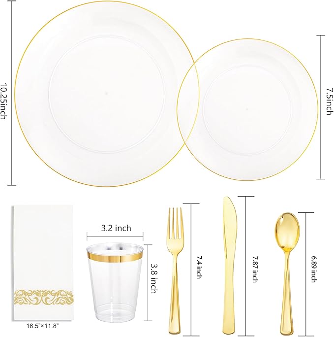 Supernal 350PCS Clear and Gold Plastic Dinnerware Set Include Clear Disposable - Image 2