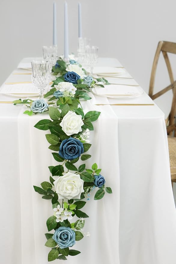PONATIA 5FT Handcrafted Artificial Rose Flower Garland, Dusty Blue Flowers - Image 5