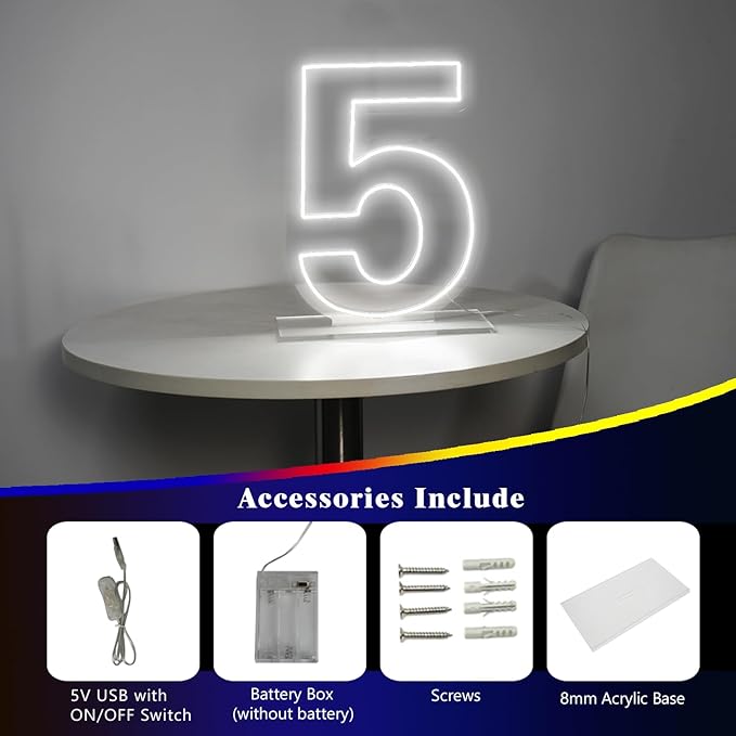 Number 5 Neon Sign for Birthday, 16.54" Cool White USB Battery Powered Led Neon - Image 6