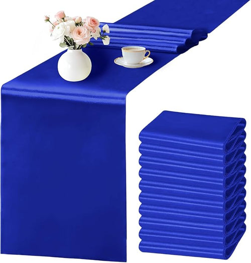 10 Pack Royal Blue Satin Table Runner 12x108 Inches Long, Bright Silky Smooth by SHEJIZE