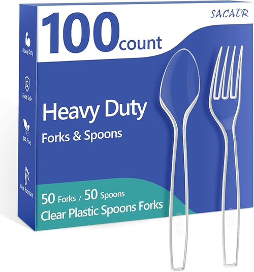 100 Count Plastic Silverware Heavy Duty -50 Forks, 50 Spoons, Heat Resistant by SACATR