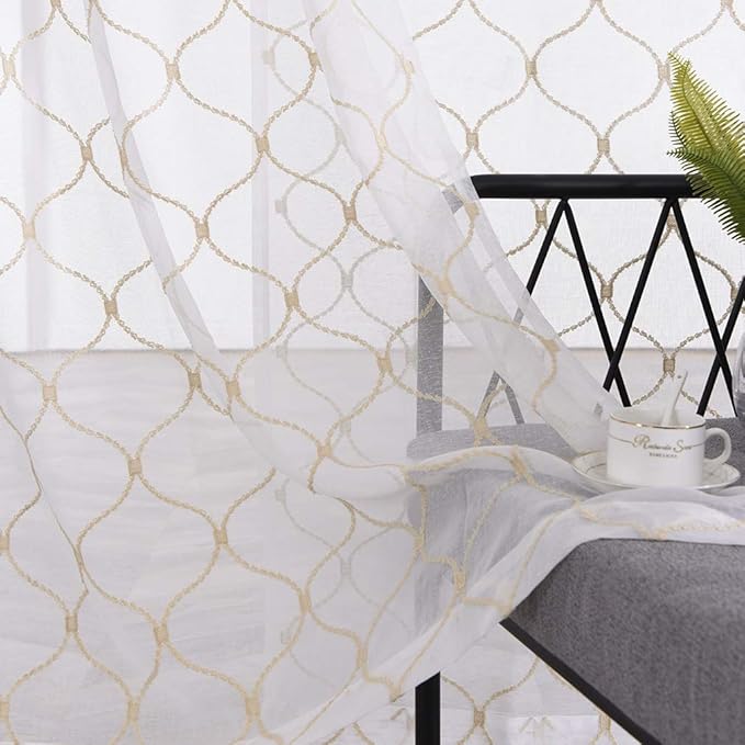 Sheer Curtains Gold 45 Inches, Embroidered Wave Diamond Rod Pocket Voile Drapes by MYSTIC-HOME