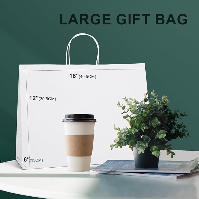 METRONIC Paper Gift Bags 16x6x12'' 100Pcs White Paper Bag - Image 2
