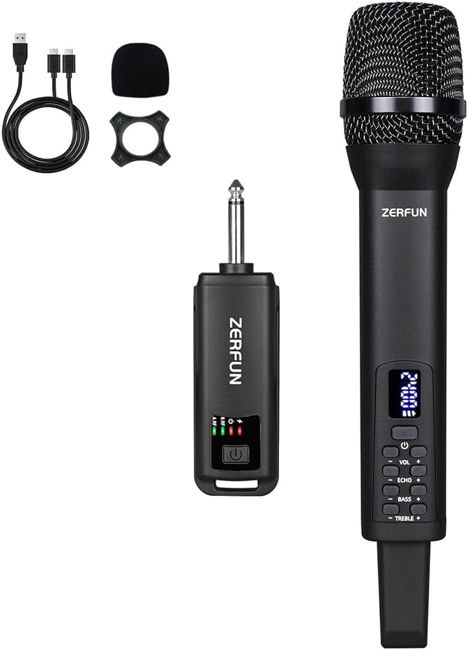 Rechargeable Wireless Microphone, Pro Handheld Cordless Mics System Dynamic by ZERFUN