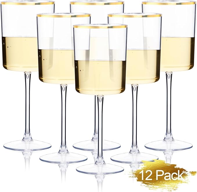 Ciaell 12 Pack Plastic Wine Glasses - 10 Oz Plastic Wine Glasses - Gold Rim by Ciaell