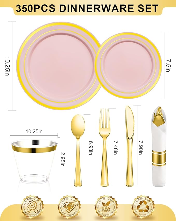 350PCS Pink Plastic Dinnerware Set, Disposable Party Plates - Image 2