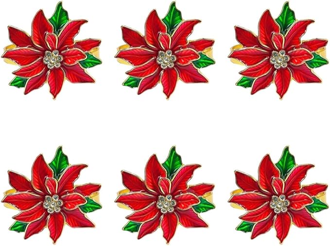 Poinsettia Napkin Rings Set of 6, Xmas Party Red Flower Napkin Holder Buckles - Image 5