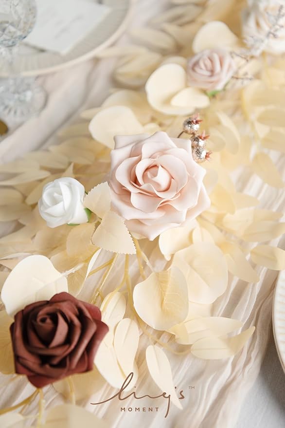 Ling's moment 5FT Artificial Flower Garland Fake Rose Eucalyptus Garland Arch - Image 3