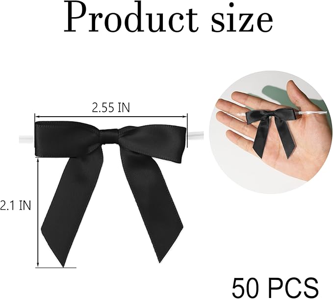 50Pcs Black Twist Tie Bows for Gift Wrapping 2.5" Satin Ribbon Bow for Treat - Image 5