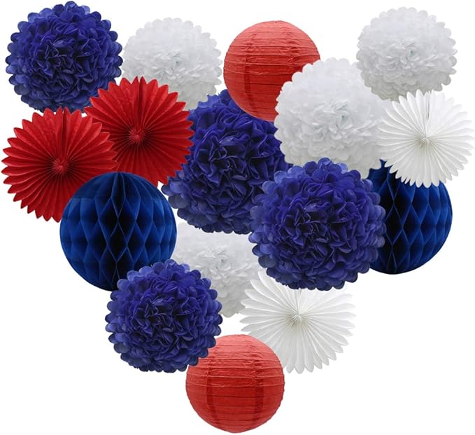 Navy Blue Red White Party Decorations 16pcs Paper Pom Poms Honeycomb Balls by ADLKGG