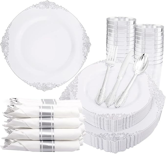 Liacere 350PCS Silver Plastic Plates&Pre Rolled Napkins by Liacere