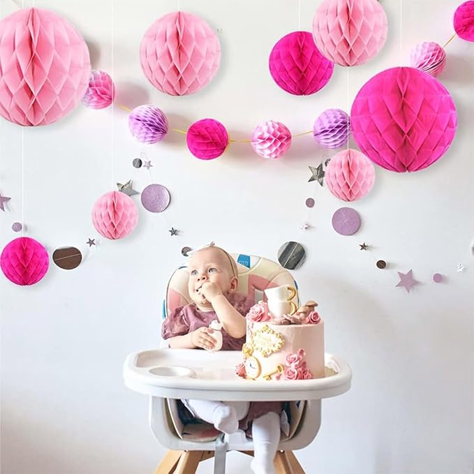 CC wonderland zone 12pcs Pink Paper Honeycomb Balls, Hanging Tissue Pom poms - Image 2