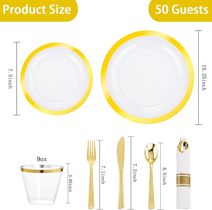 Rubtlamp 350 Pcs Clear Gold Plastic Plates, Disposable Dinnerware, 50 Cups - Image 2