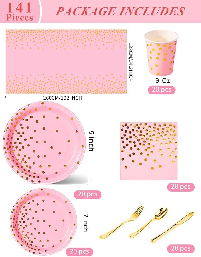 141 Pieces Pink and Gold Party Supplies, Party Dinnerware Sets Include Paper - Image 3
