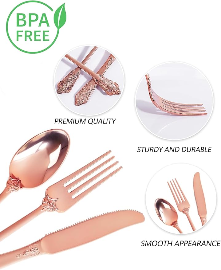 WDF 120Pieces Rose Gold Plastic Silverware - Image 2