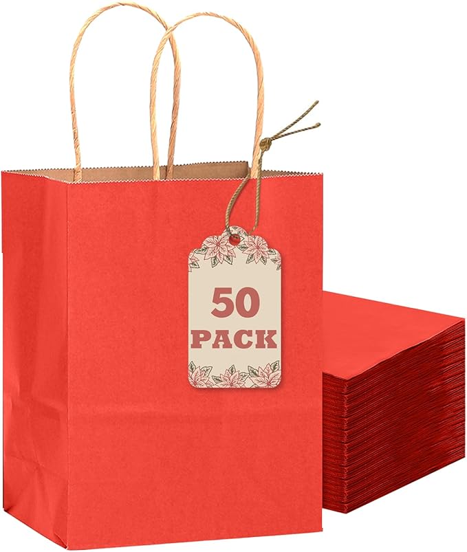 qiqee 50-Packs Gift Bag with Handles Bulk Kraft Red Paper Bags Multiple Uses by Qiqee