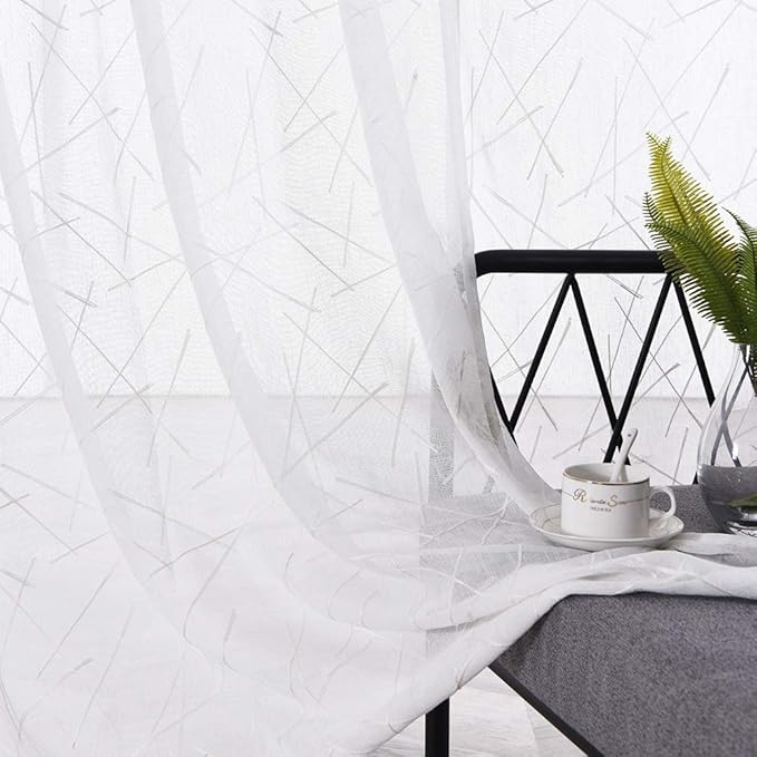White Sheer Curtains 45 Inch Length, Modern Geometric Embroidery Sheer Rod - Image 2