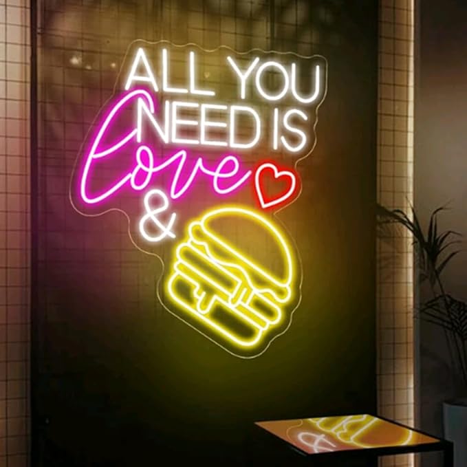 All You Need Is Love & Burger Custom Hamburger Fast Food LED Neon Sign Night by BELISAMA