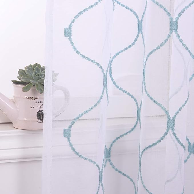Embroidery Sheer Curtains Blue 63 Inches, Rod Pocket Voile Drapes - Image 3