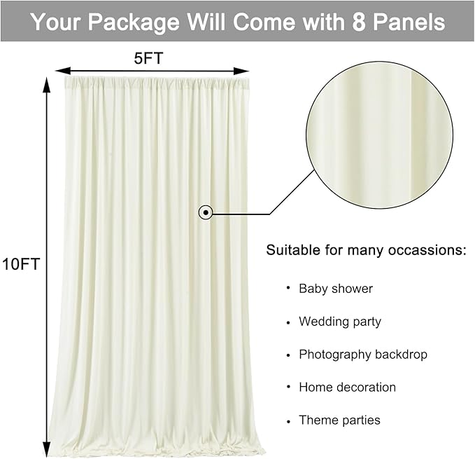 40 ft x 10 ft Wrinkle Free Ivory Backdrop Curtain - Image 5