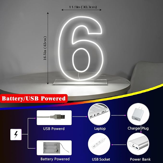 Number 6 Neon Sign for Birthday, 16.54" Cool White USB Battery Powered Led Neon - Image 4