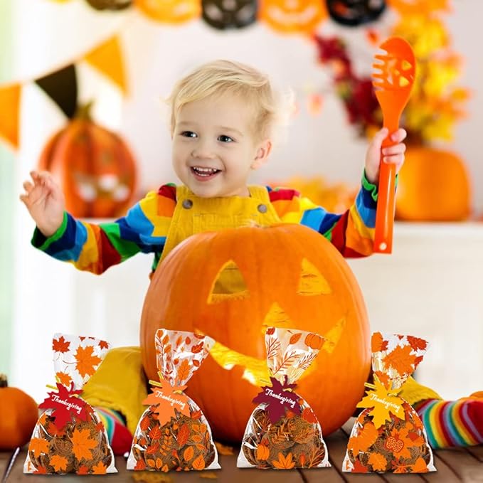 YUJUN 120 PCS Fall Cellophane Treat Bags, Maple Leaves Gift Goodie Candy Autumn - Image 6