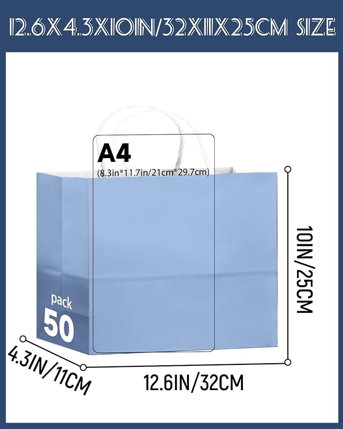 qiqee 50-Packs Light Blue Paper Gift Bags - Image 3