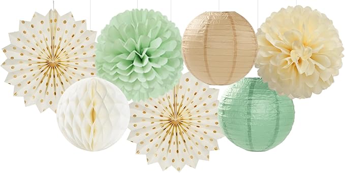 Sage-Green Beige-Champagne Party-Decorations Streamers Lanterns - Image 4