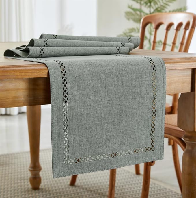 Burlap Style Farmhouse Table Runner, 13 x 48 Inch Grey, Rustic Geometric Hollow - Image 7