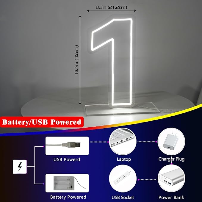 Number 1 Neon Sign for First Birthday, 16.54" Cool White USB Battery Powered - Image 5