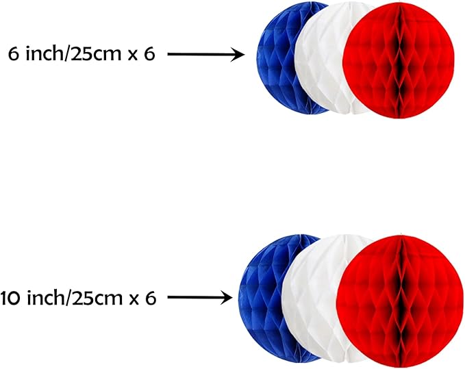 ZOOYOO 12Pcs 6" 10" Patriotic Honeycomb Balls Decorations Red White Blue - Image 2