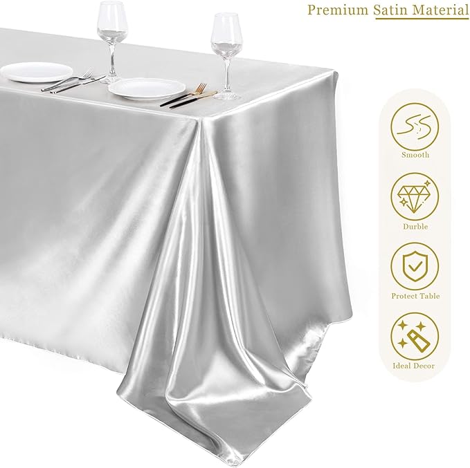 TURSTIN 4 Packs Silver Satin Tablecloth 102 x 58 Inch Overlay Satin Table Cover - Image 4