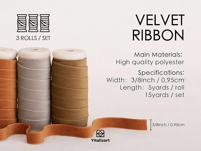 Vitalizart Fall Velvet Ribbon Set 3/8" x 15 Yd Wooden Spool Fabric Trim 3 Rolls - Image 2