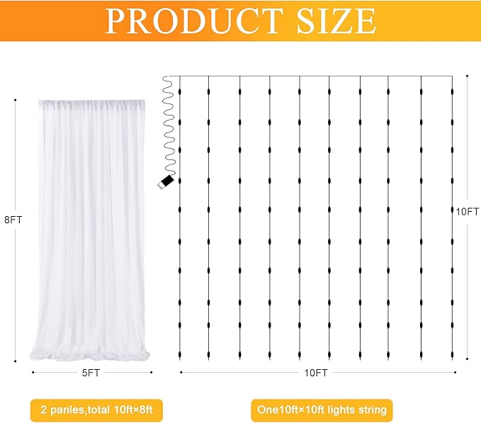Tulle Backdrop Curtains with Lights String White 10FT X 8FT Sheer Curtain with - Image 2