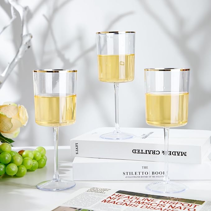 Ciaell 12 Pack Plastic Wine Glasses - 10 Oz Plastic Wine Glasses - Gold Rim - Image 7