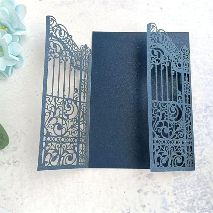 MillaSaw Navy Blue Wedding Invitation Gate Laser Cut Card Marriage Engagement - Image 5