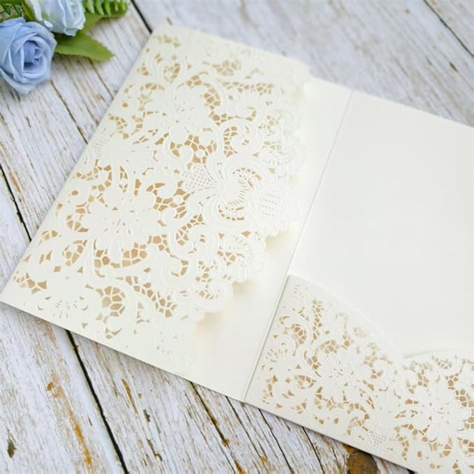 MillaSaw Ivory Embossed Laser Cut Invitation Pocket Envelope, Floral Engraved by MillaSaw