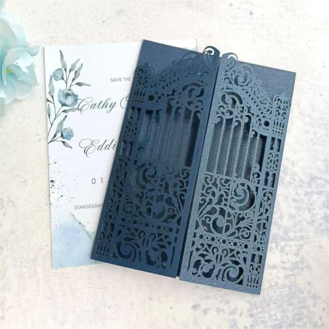 MillaSaw Navy Blue Wedding Invitation Gate Laser Cut Card Marriage Engagement - Image 3
