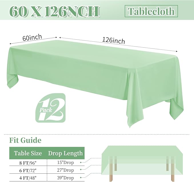 12 Pack 60 x 126 Inch Rectangle Tablecloth Sage Green Polyester Tablecloth - Image 2