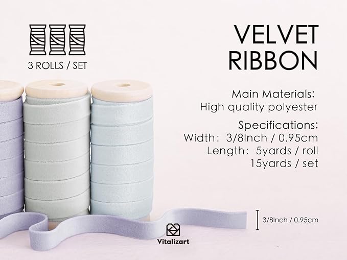 Vitalizart Velvet Ribbon Set 3/8" x 15 Yd Wooden Spool Fabric Trim 3 Rolls * 5 - Image 2