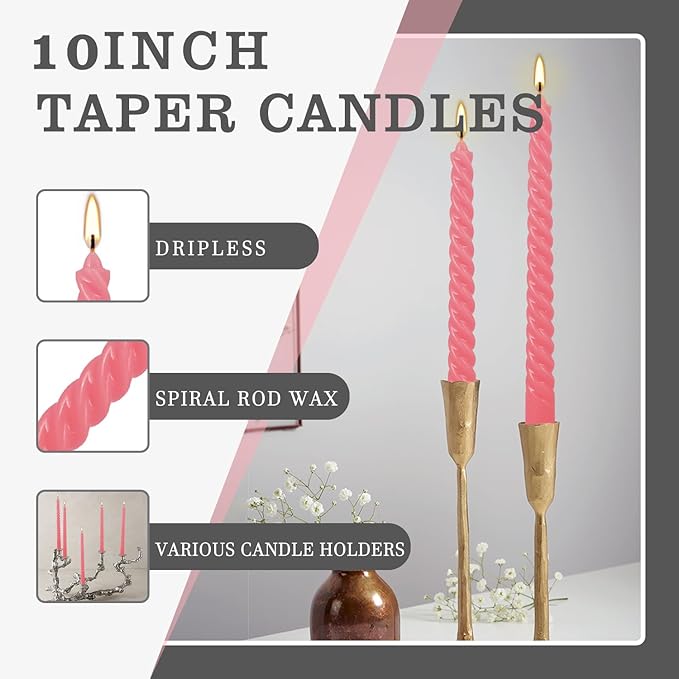 12-Pack Pink Spiral Taper Candles – 10 Inch Elegant Dripless & 10-Hour Burn – - Image 5