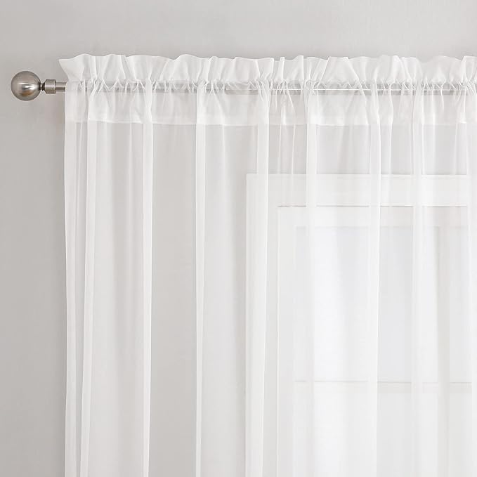 VISIONTEX White Sheer Voile Curtains, Decorative White Embossed Drip Rod Pocket - Image 3